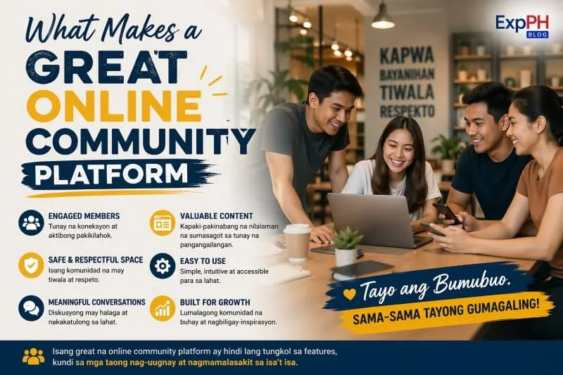 A group of Filipino young adults collaborating in a modern workspace while using laptops and smartphones, representing a strong online community platform with text highlighting key features like engagement, safety, and meaningful conversations.