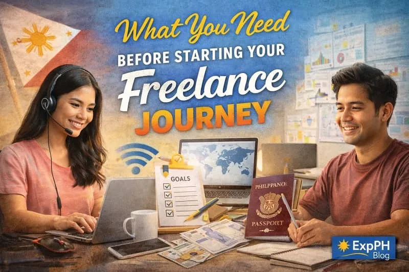 Filipino freelancers preparing for online work with laptop, goals checklist, internet connection, and workspace setup