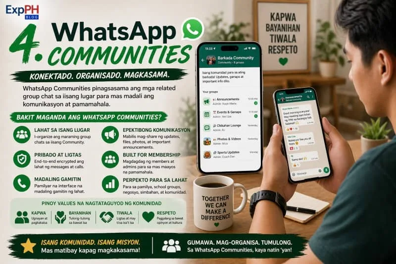 A Filipino user holding a smartphone and using WhatsApp Communities, showing organized group chats and announcements for community communication.