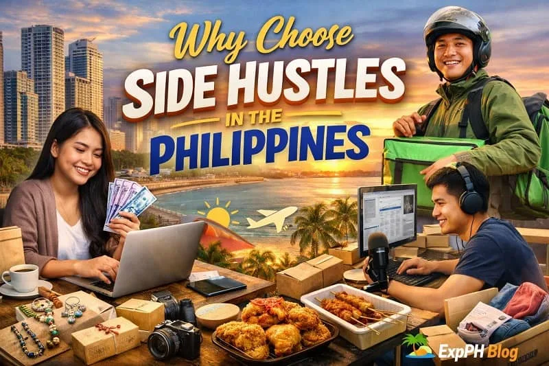 Filipino side hustles concept showing a woman working on a laptop, delivery rider, and online worker with Philippine city background and text “Why Choose Side Hustles in the Philippines”