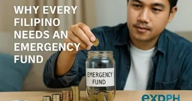 A Filipino man saving coins in a jar labeled emergency fund with the ExpPH Blog logo visible.