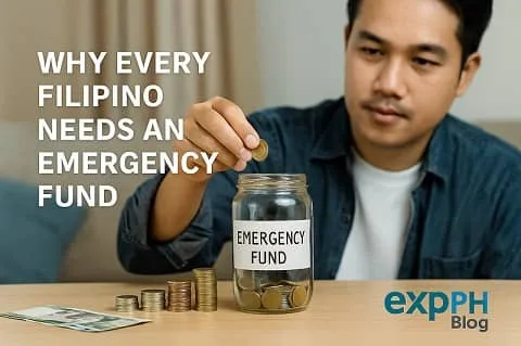 A Filipino man saving coins in a jar labeled emergency fund with the ExpPH Blog logo visible.