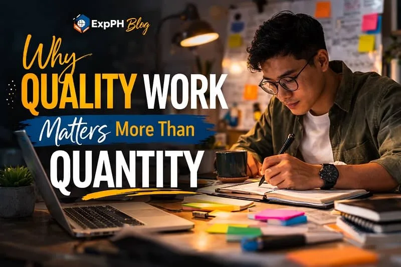Filipino man focused on writing and working at a desk with laptop and notes, representing why quality work matters more than quantity, ExpPH Blog.