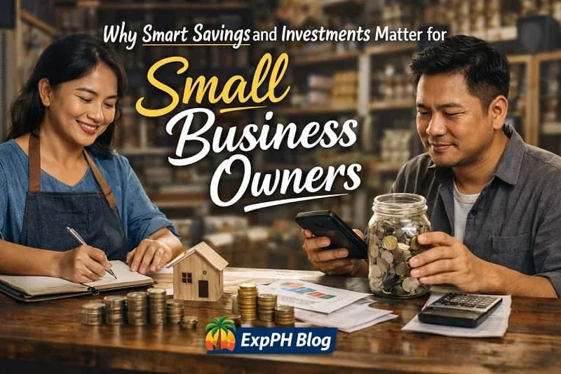 Filipino small business owners managing savings and investments using calculator, coins, and notebook inside a store with ExpPH Blog logo