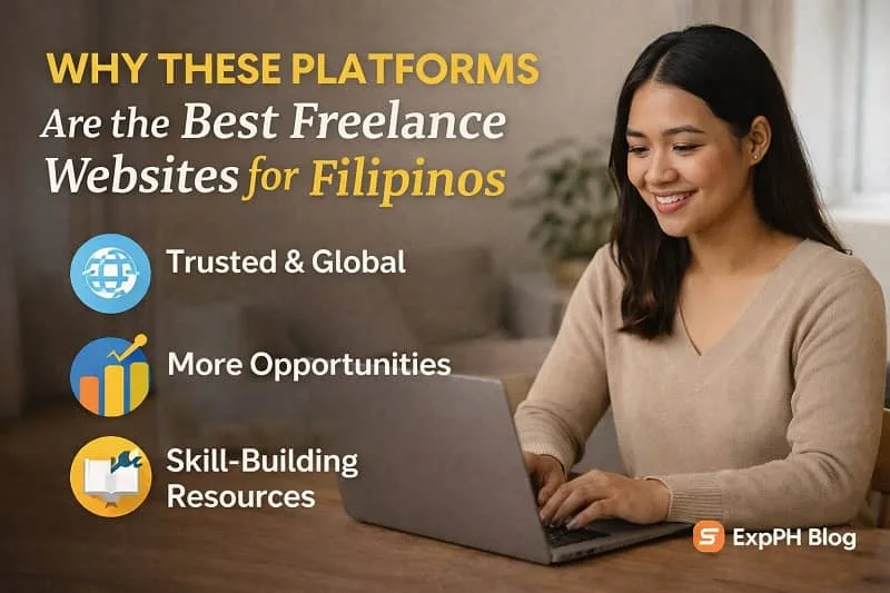 A Filipino freelancer working on a laptop at home with text explaining why these platforms are the best freelance websites for Filipinos, featuring trusted global opportunities and skill building.