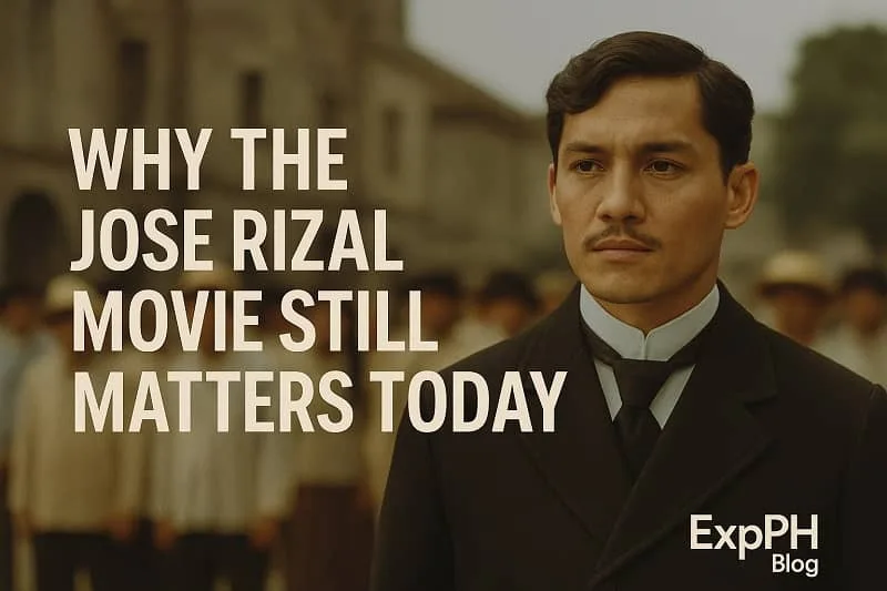 Realistic image inspired by the Jose Rizal Movie showing its lasting relevance with ExpPH Blog logo