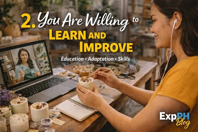 Filipino learning new skills using laptop and notebook while improving small business craft