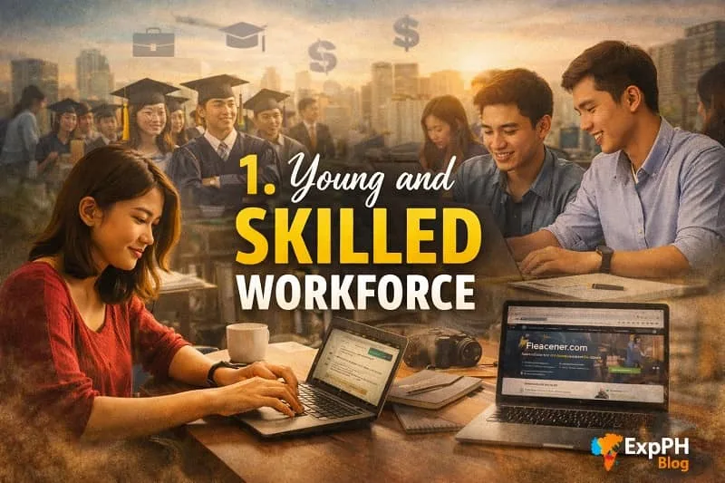 Young Filipino professionals and graduates working on laptops and collaborating online, representing the skilled workforce entering freelancing in the Philippines, with the ExpPH Blog logo visible.