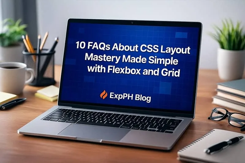 Laptop on a desk displaying 10 FAQs About CSS Layout Mastery Made Simple with Flexbox and Grid with a small ExpPH Blog logo