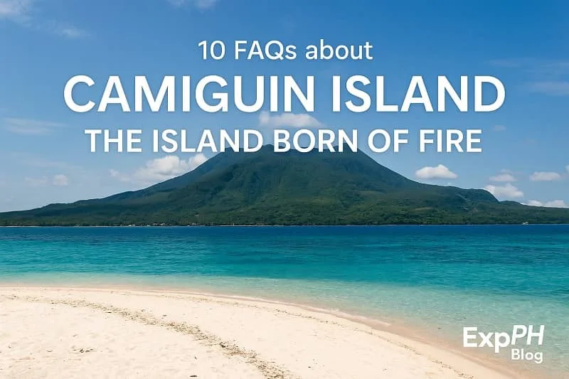 Camiguin Island Travel Guide A realistic beach view of Camiguin Island with Mount Hibok Hibok, turquoise water, white sand, clear skies, and the ExpPH Blog logo included.