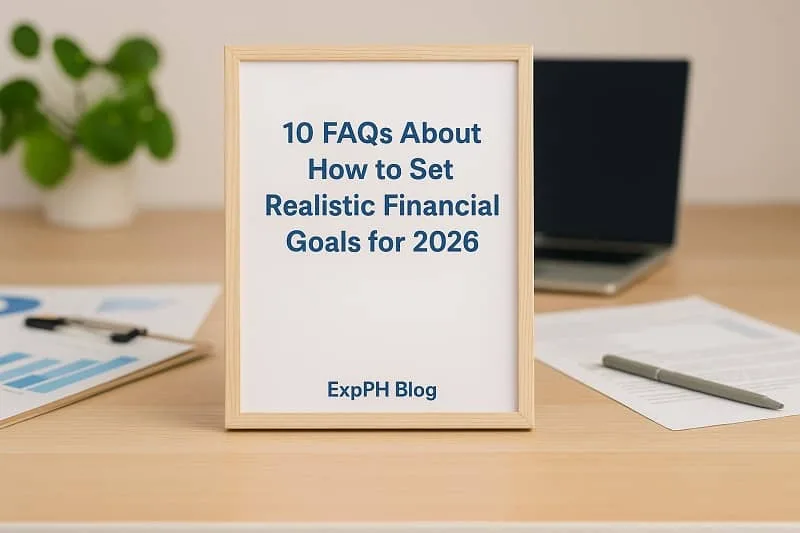 A realistic photo of a framed sign displaying the title “10 FAQs About How to Set Realistic Financial Goals for 2026” on a wooden desk with financial documents, charts, a laptop, and the ExpPH Blog logo visible.