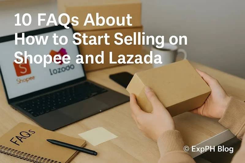 Realistic seller workspace showing a person holding a package with a laptop displaying Shopee and Lazada logos and an FAQs notebook