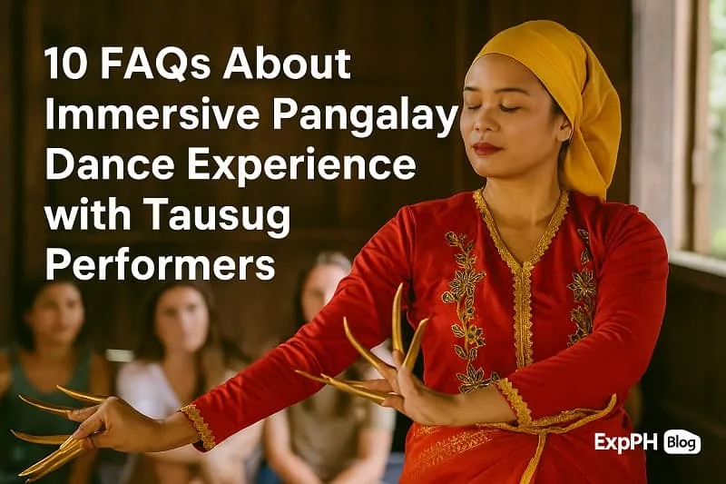 A Tausug dancer performing the Pangalay Dance with janggay while visitors watch in a traditional setting.