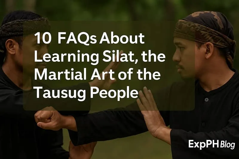 Two Tausug martial artists practicing Silat with an FAQ title overlay and the ExpPH Blog logo.