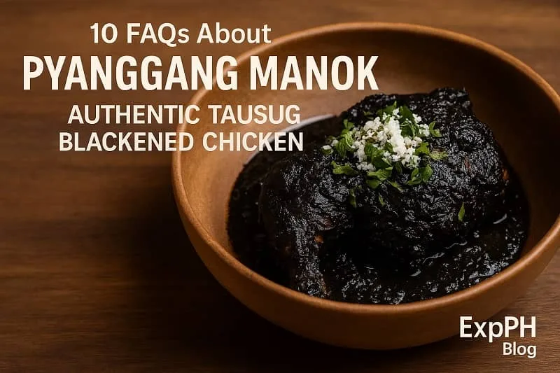 A realistic bowl of Pyanggang Manok with dark coconut sauce, herbs, and the ExpPH Blog logo.