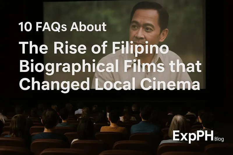A realistic image of Filipino moviegoers watching a biographical film in a cinema, with the film showing a Filipino actor on screen and the ExpPH Blog logo included, representing frequently asked questions about the rise of Filipino biographical films.
