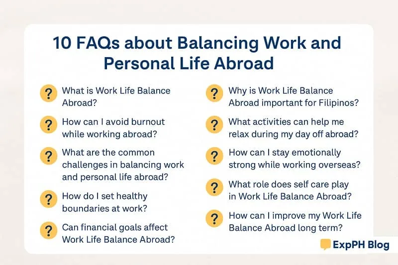 FAQ list about balancing work and personal life abroad with icons and ExpPH Blog logo