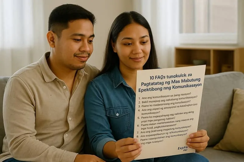A Filipino couple sitting together while reading a list of FAQs about effective relationship communication, symbolizing learning and improving communication skills.