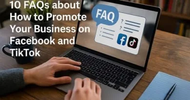 Realistic image showing a hand holding a Q&A card with multiple question and answer icons, representing FAQs about promoting your business on Facebook and TikTok, including the ExpPH Blog logo.