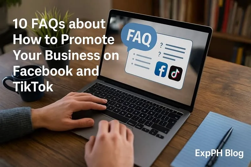 Realistic image showing a hand holding a Q&A card with multiple question and answer icons, representing FAQs about promoting your business on Facebook and TikTok, including the ExpPH Blog logo.