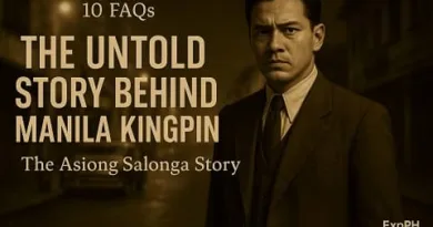 Realistic sepia toned image featuring Asiong Salonga with text 10 FAQs about The Untold Story Behind Manila Kingpin The Asiong Salonga Story and ExpPH Blog logo.