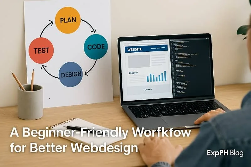Realistic workspace showing a beginner planning, designing, coding, and testing a website, with a workflow chart and the ExpPH Blog logo.