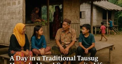 Realistic scene of a traditional Tausug household showing family members talking, elders guiding children, and neighbors interacting outside bamboo stilt houses with the ExpPH Blog logo.