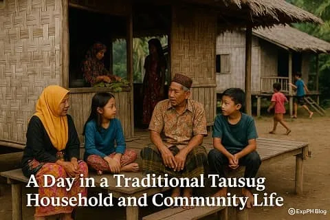 Realistic scene of a traditional Tausug household showing family members talking, elders guiding children, and neighbors interacting outside bamboo stilt houses with the ExpPH Blog logo.