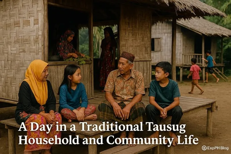 Realistic scene of a traditional Tausug household showing family members talking, elders guiding children, and neighbors interacting outside bamboo stilt houses with the ExpPH Blog logo.