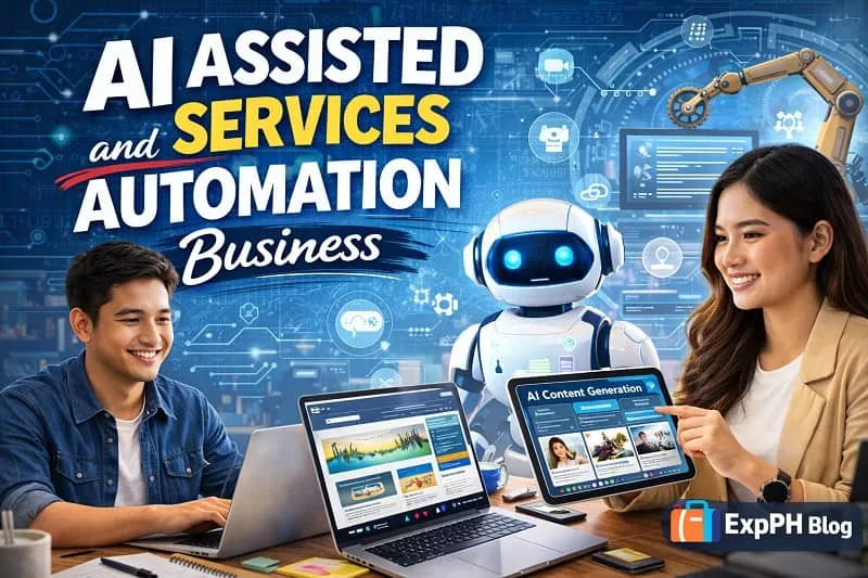 Filipino professionals using laptops and AI technology with a robot assistant, representing AI assisted services and automation business, with ExpPH Blog logo.