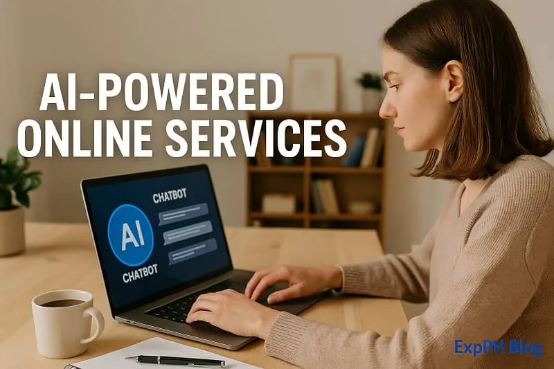 Woman working on a laptop with an AI chatbot interface representing AI powered online services