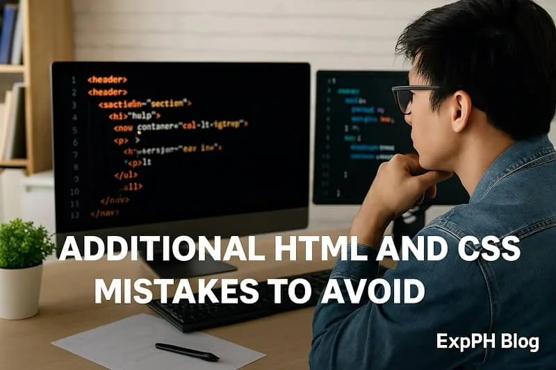 A realistic photo of a developer reviewing HTML and CSS code on dual monitors, showing additional mistakes beginners should avoid, with the ExpPH Blog logo.