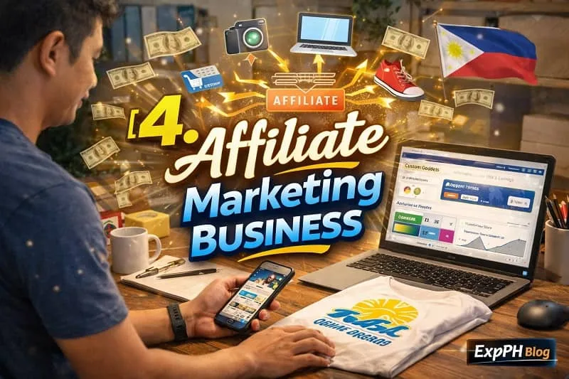 Filipino affiliate marketer using laptop and smartphone promoting products online with commission earnings dashboard, featuring ExpPH Blog logo