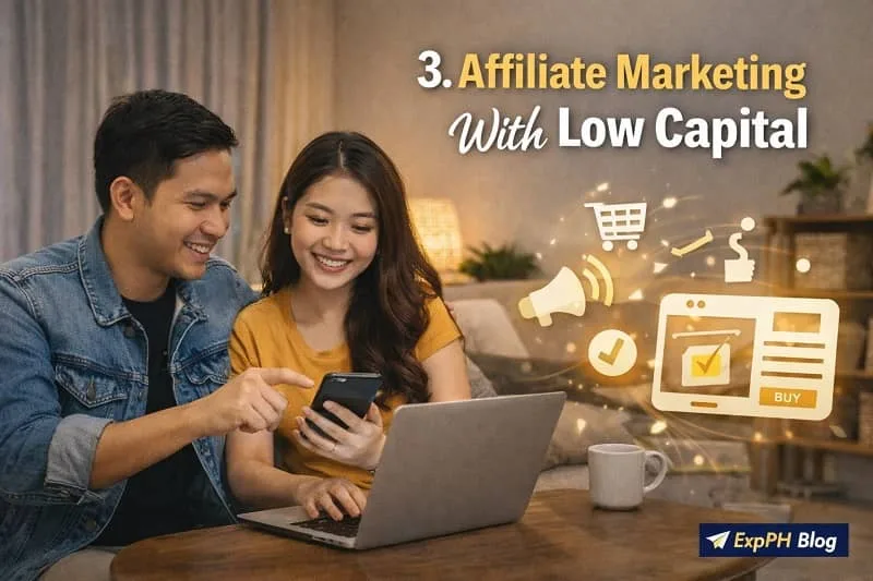 Filipino couple using laptop and smartphone for affiliate marketing with digital shopping icons and ExpPH Blog logo