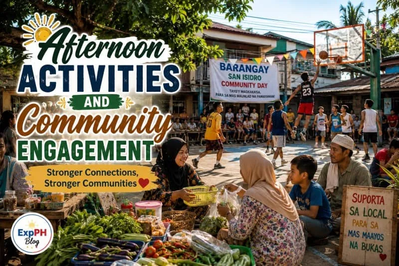 A realistic Filipino-inspired scene showing Tausug families and children participating in afternoon activities and community engagement with the ExpPH Blog logo and mixed-font typography.