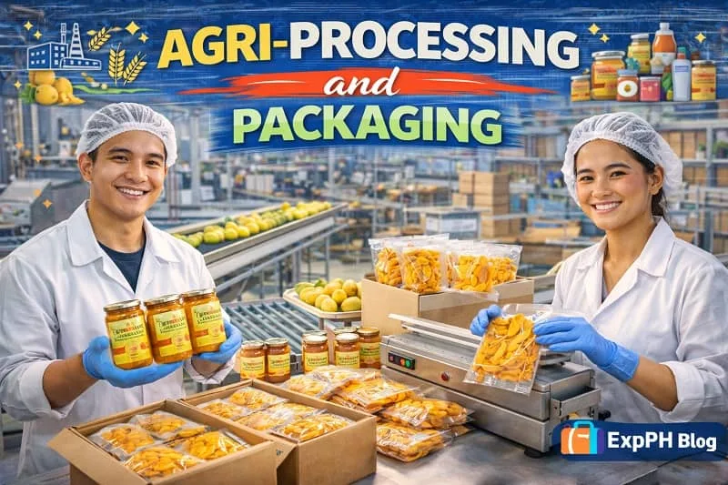 Filipino workers processing and packaging agricultural products such as dried mangoes and fruit jams in a food processing facility, with ExpPH Blog logo.