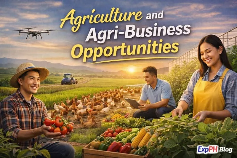 Filipino farmers managing crops, poultry, and modern agri-business operations with ExpPH Blog logo displayed