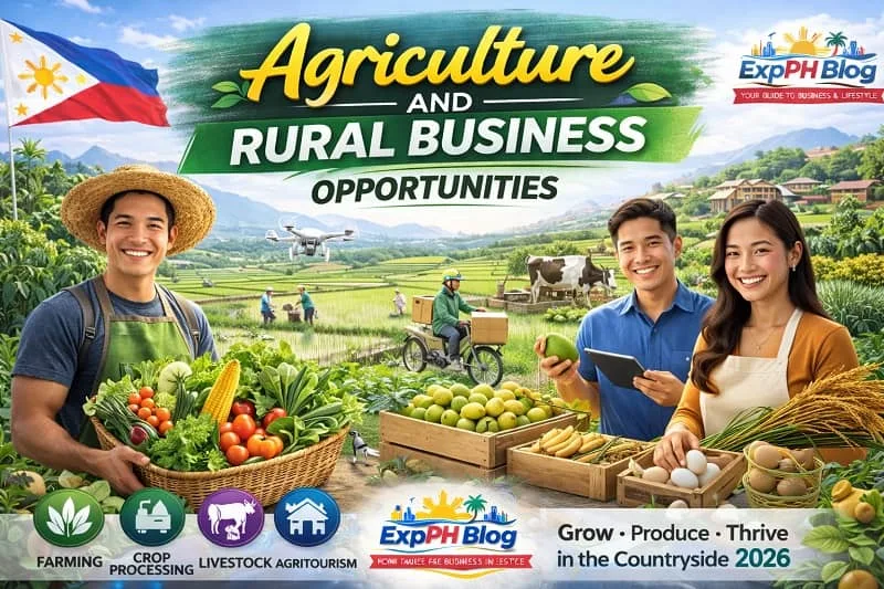 Filipino farmers and rural entrepreneurs showcasing fresh produce, livestock, and agri technology in a countryside setting with Agriculture and Rural Business Opportunities text and ExpPH Blog logo.