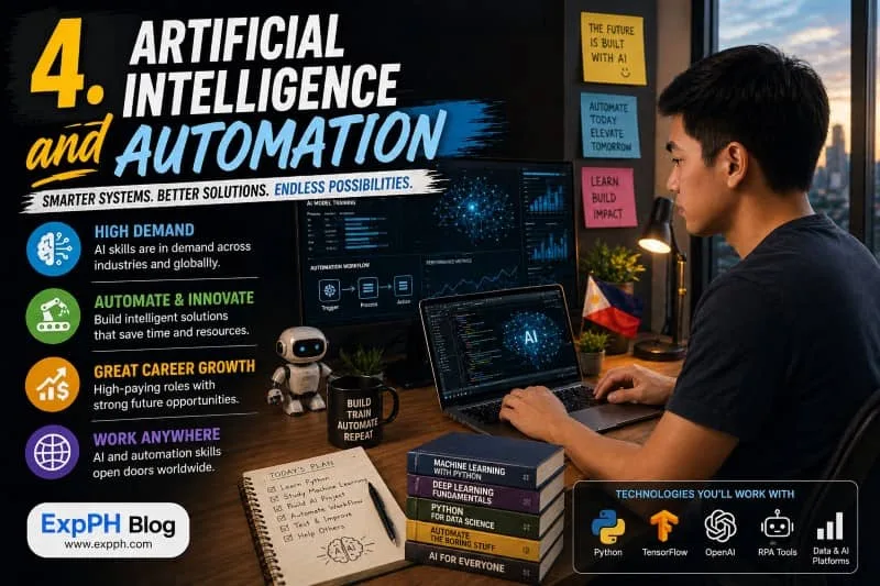 Artificial Intelligence and Automation Filipino professional working on AI systems with laptop and smart robot in a modern workspace with ExpPH Blog logo