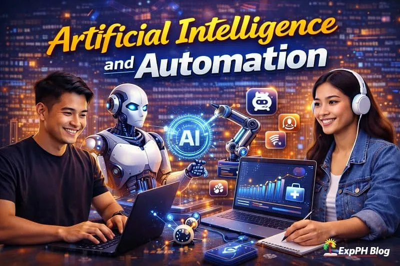 Filipino professionals using artificial intelligence and automation tools on laptops with robotic, data, and digital workflow icons in a modern tech setting.