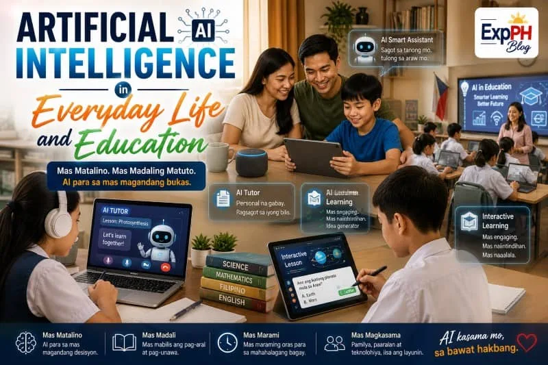Filipino students using artificial intelligence tools for learning such as AI tutors, laptops, tablets, and smart classroom technology