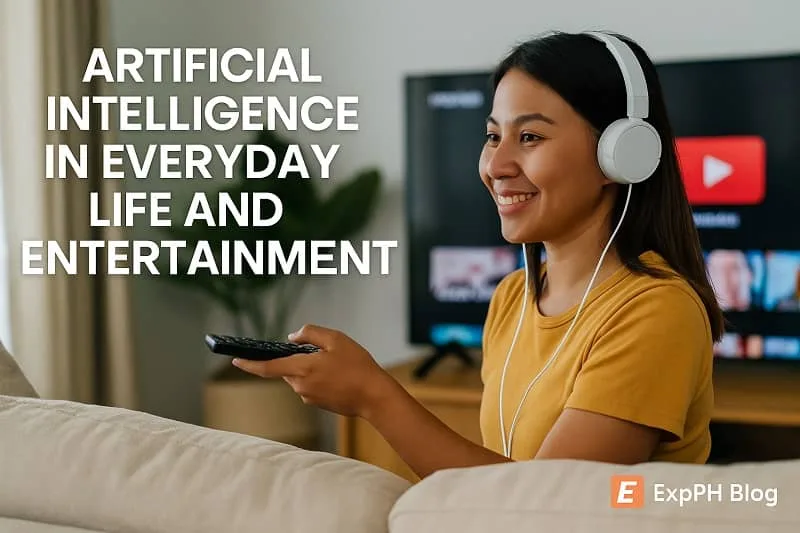 Realistic image of a Filipino woman at home using headphones and a TV streaming service, showing how artificial intelligence personalizes entertainment experiences.