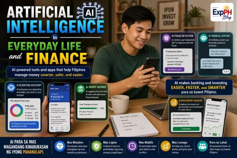Filipino individual managing finances using artificial intelligence tools such as mobile banking apps, budgeting assistants, fraud detection alerts, and investment platforms