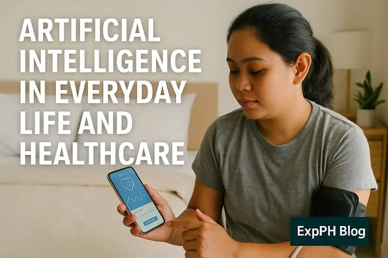 Realistic image of a Filipino woman using a smartphone health app with a blood pressure monitor at home, showing how artificial intelligence supports everyday healthcare.