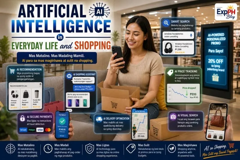Filipino shoppers using artificial intelligence technology such as mobile shopping apps, personalized recommendations, e-wallet payments, and smart checkout systems