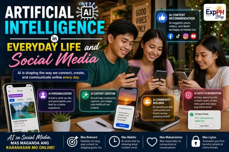 Filipino users engaging with social media using artificial intelligence features such as content recommendations, chatbots, filters, and personalized feeds on smartphones