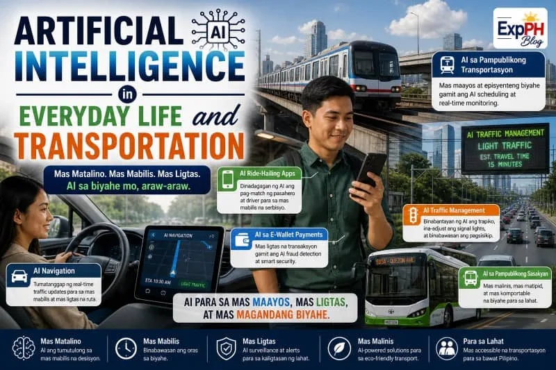 Filipino commuters using artificial intelligence in transportation including navigation apps, traffic monitoring, smart vehicles, and digital fare payments