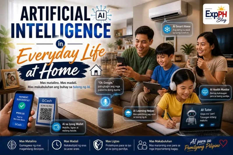 Filipino family at home using artificial intelligence technology such as smart home devices, AI assistant, e-wallet payments, and online learning tools