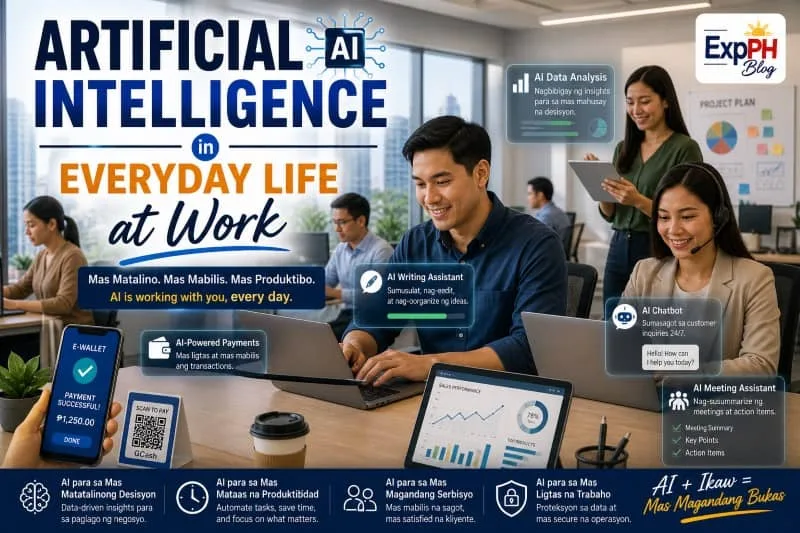 Filipino professionals in an office using artificial intelligence tools such as AI writing assistants, chatbots, data analysis dashboards, and digital payment systems