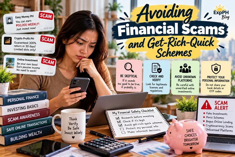 Filipina woman checking suspicious investment messages on her smartphone beside a laptop, with scam alert signs, a financial safety checklist, and infographic panels about verifying investment providers and protecting personal information.
